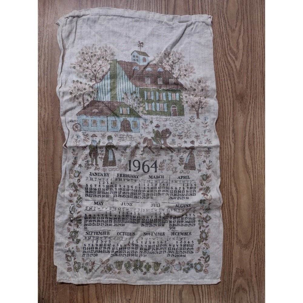 Vintage 1964 Stevens Linen Calendar Towel Farmhouse Scene Made in USA 100% Linen